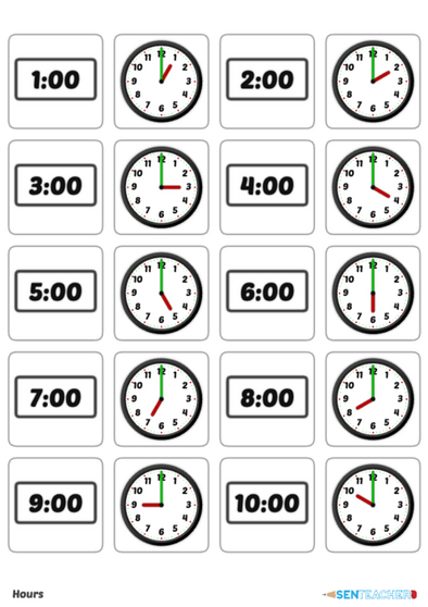 sen teacher clocks card pairs printable worksheet