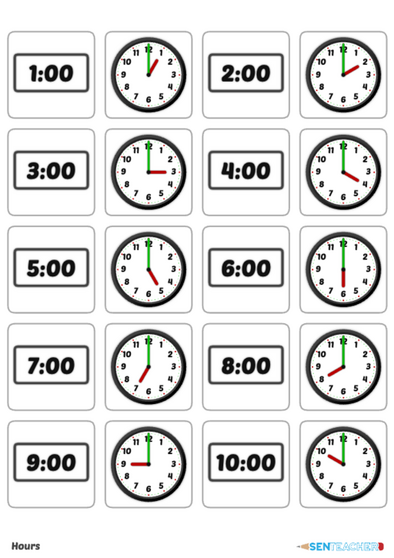 SEN Teacher Clocks Card Pairs Printable Worksheet